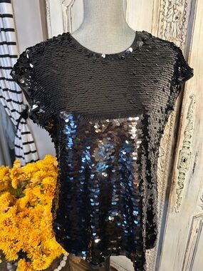 Halogen Black Sequin Short-Sleeve Pull-On Top